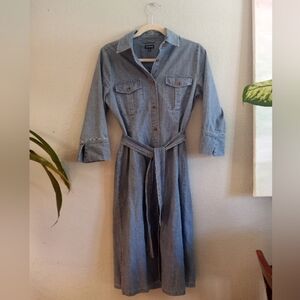 J. Peterman Classic Preppy Casual  Denim Bohemian Button Down Belted Shirt Dress